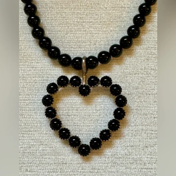 Vintage Onyx and Sterling Silver Heart Choker and Earrings Set - Picture 3 of 6